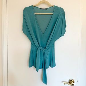 Teal Blue V-Neck Wrap Top Short Sleeve Tie-Front Blouse